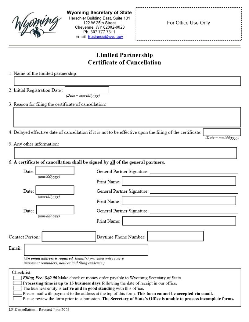 Certificate Of Cancellation | Pdf Fpdf Docx | Wyoming