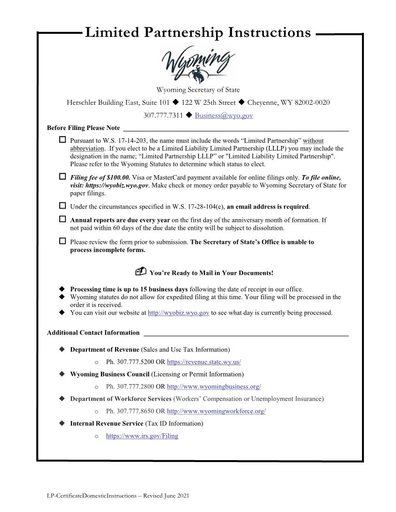 Certificate Of Domestic Limited Partnership | Pdf Fpdf Docx | Wyoming