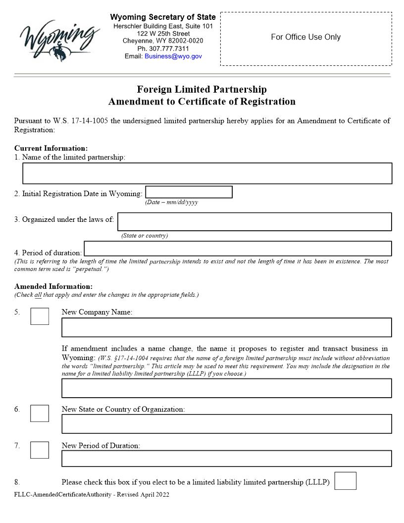 Amendment To Certificate Of Registration (Foreign LP) | Pdf Fpdf Docx | Wyoming