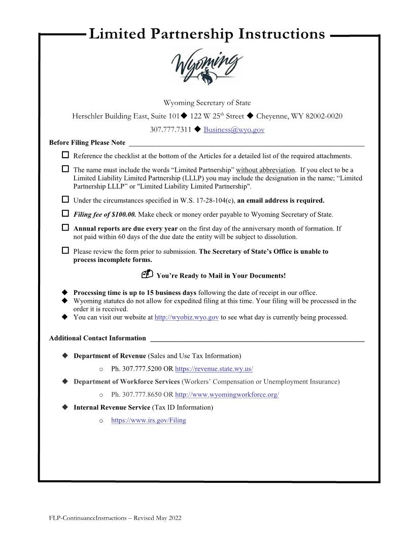 Articles Of Continuance (Foreign LP) | Pdf Fpdf Docx | Wyoming
