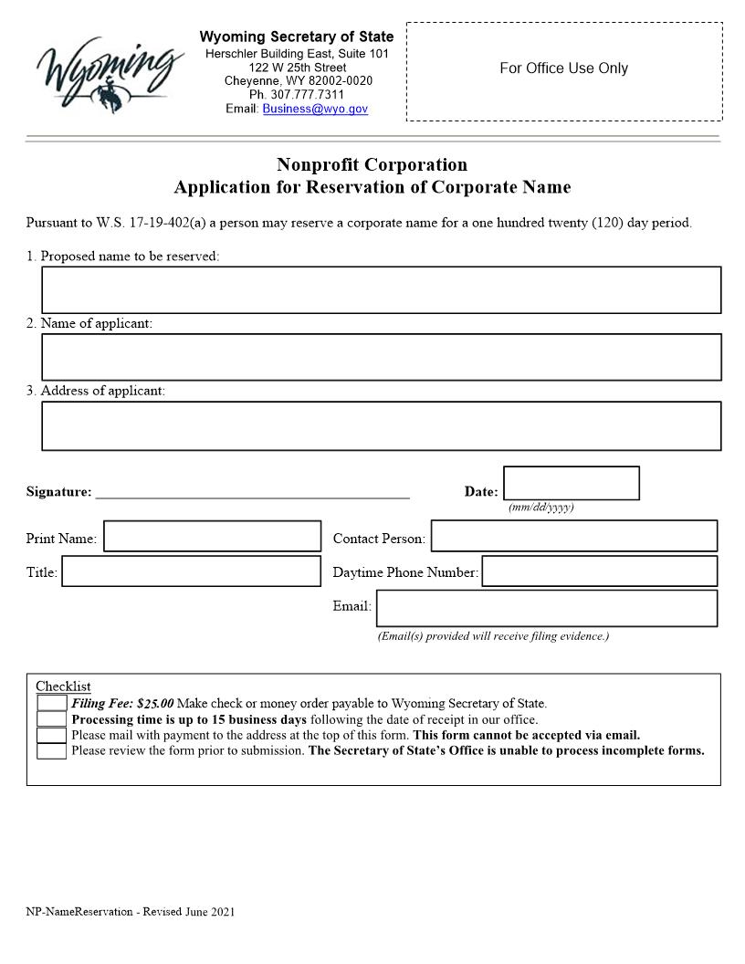 Application For Reservation Of Corporate Name | Pdf Fpdf Docx | Wyoming
