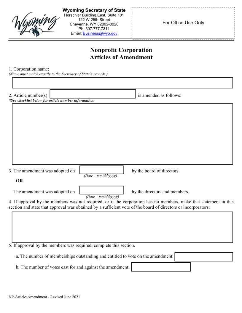 Articles Of Amendment | Pdf Fpdf Docx | Wyoming