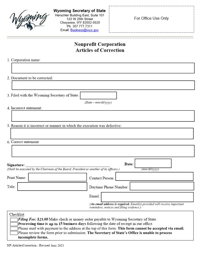 Articles Of Correction | Pdf Fpdf Docx | Wyoming