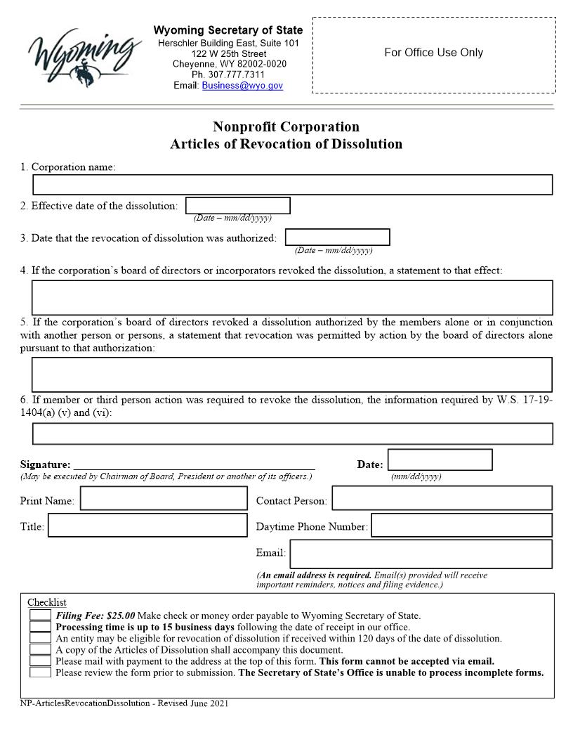 Articles Of Revocation Of Dissolution | Pdf Fpdf Docx | Wyoming