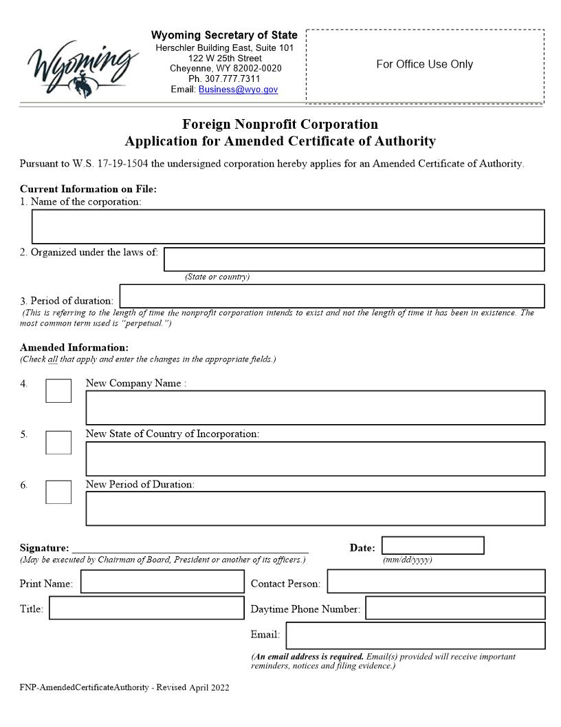 Application For Amended Certificate Of Authority | Pdf Fpdf Docx | Wyoming