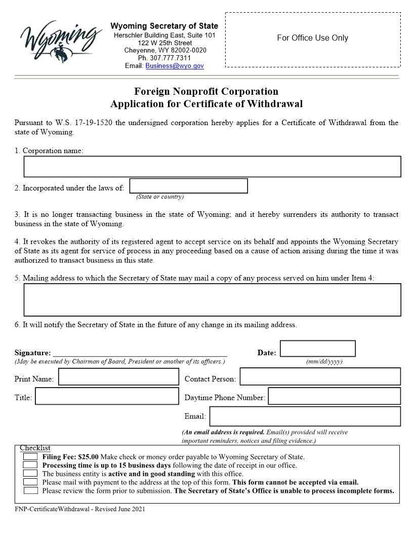 Application For Certificate Of Withdrawal | Pdf Fpdf Docx | Wyoming
