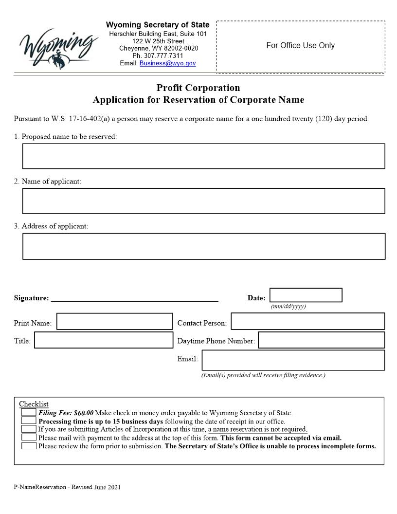Application For Reservation Of Corporate Name | Pdf Fpdf Docx | Wyoming