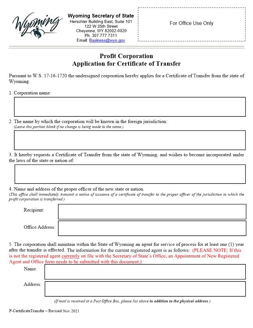 Application For Certificate Of Transfer | Pdf Fpdf Docx | Wyoming