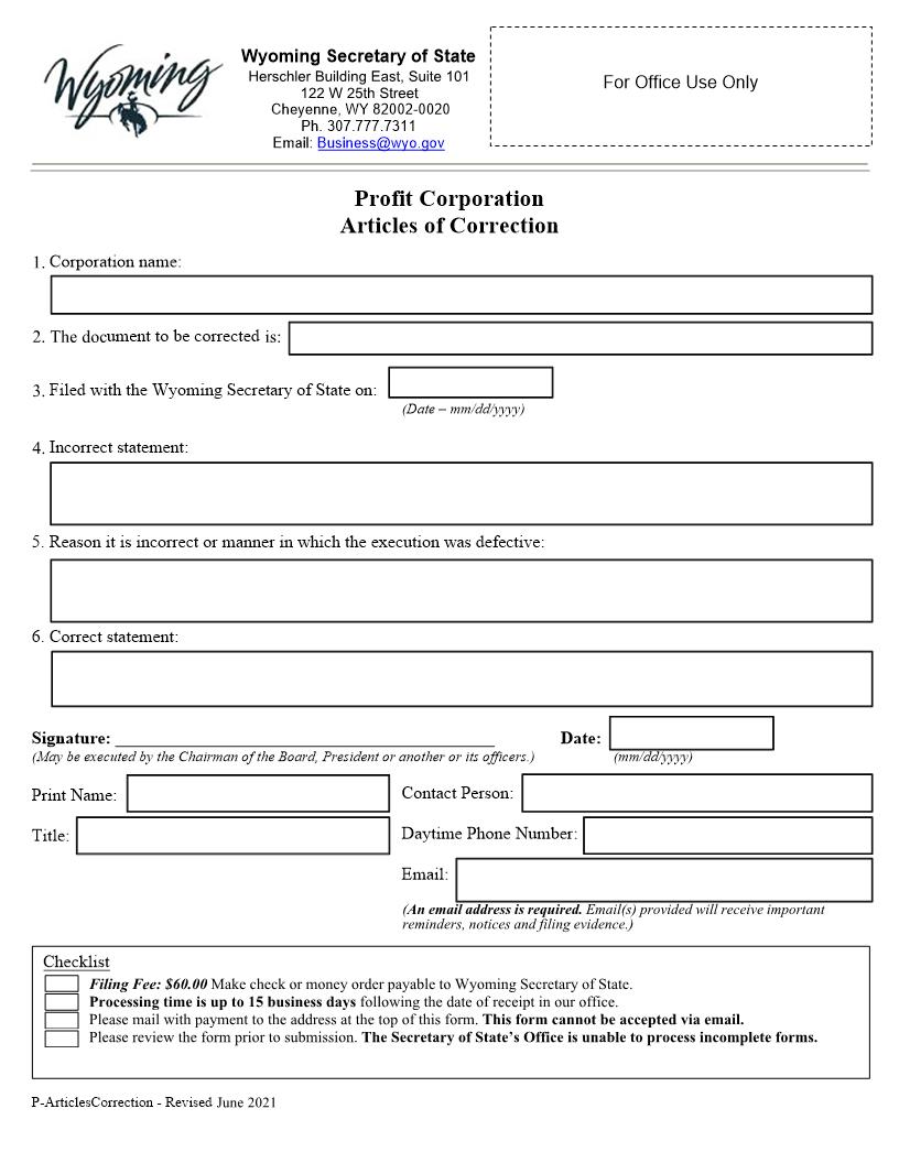 Articles Of Correction | Pdf Fpdf Docx | Wyoming