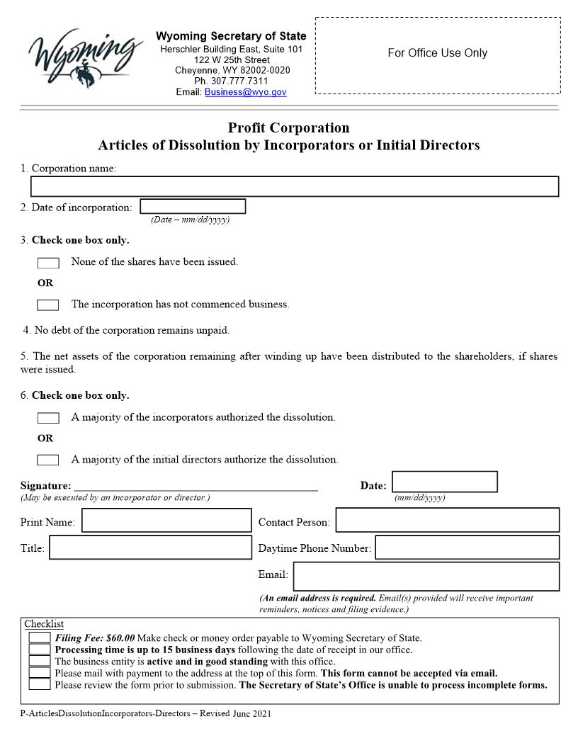 Articles Of Dissolution By Incorporators Or Initial Directors | Pdf Fpdf Docx | Wyoming