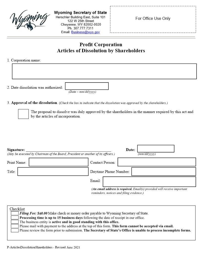 Articles Of Dissolution By Shareholders | Pdf Fpdf Docx | Wyoming