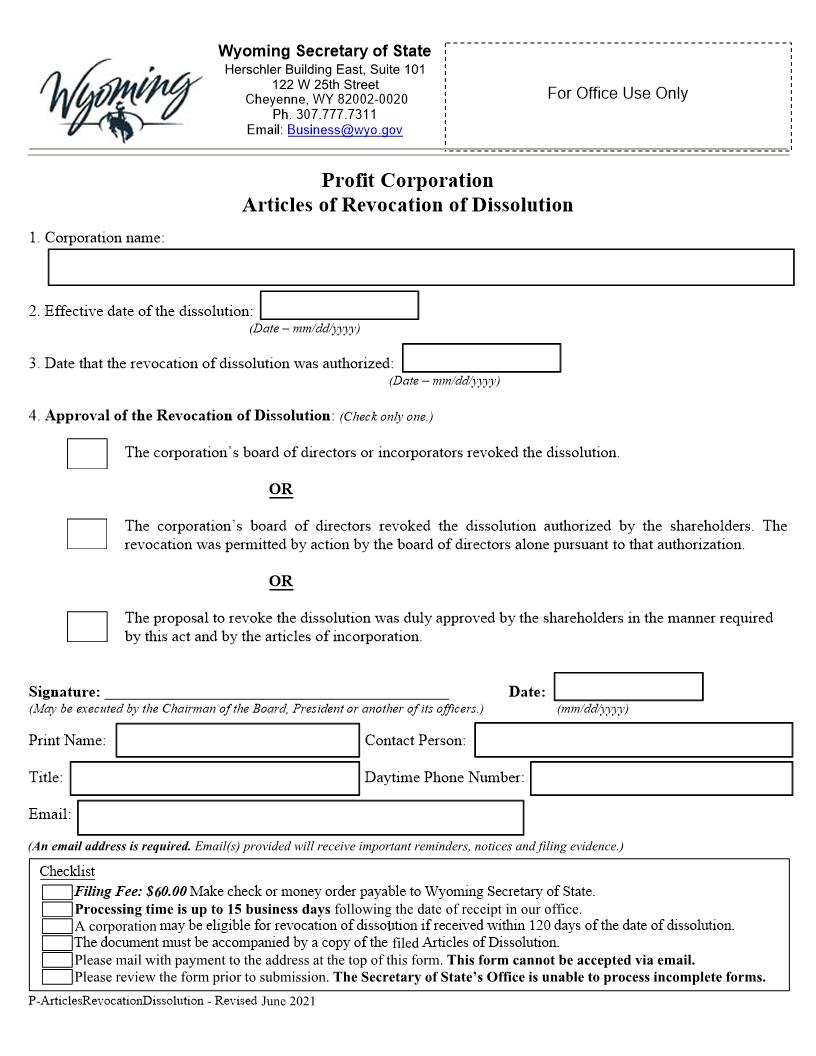 Articles Of Revocation Of Dissolution | Pdf Fpdf Docx | Wyoming