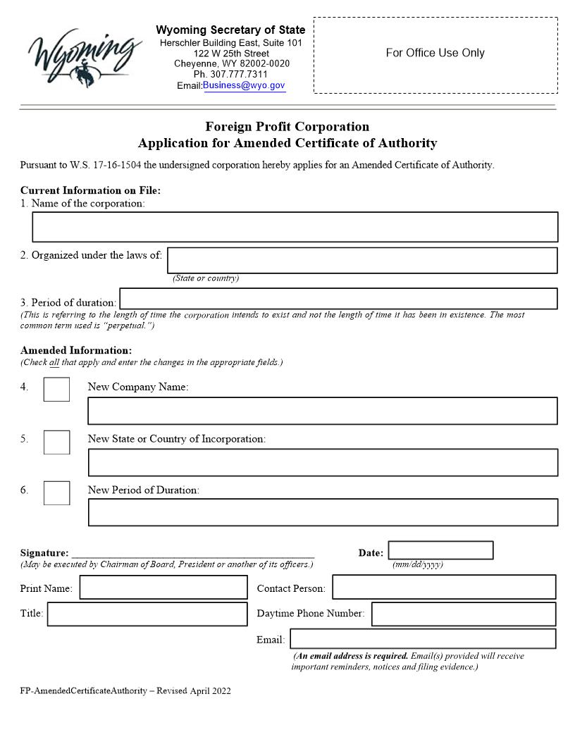 Application For Amended Certificate Of Authority | Pdf Fpdf Docx | Wyoming