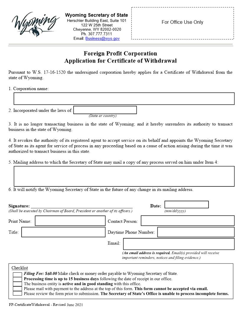 Application For Certificate Of Withdrawal | Pdf Fpdf Docx | Wyoming
