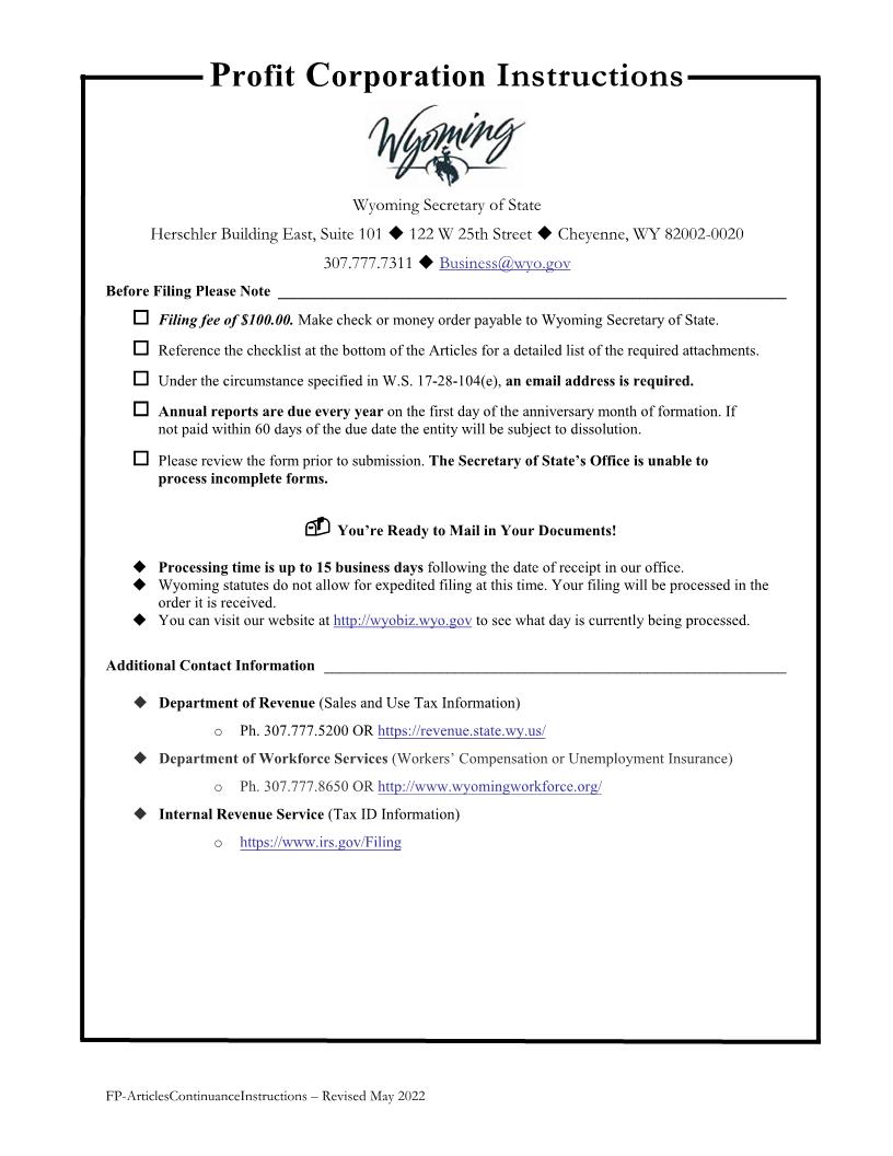 Articles Of Continuance  Foreign Profit Corporation | Pdf Fpdf Docx | Wyoming