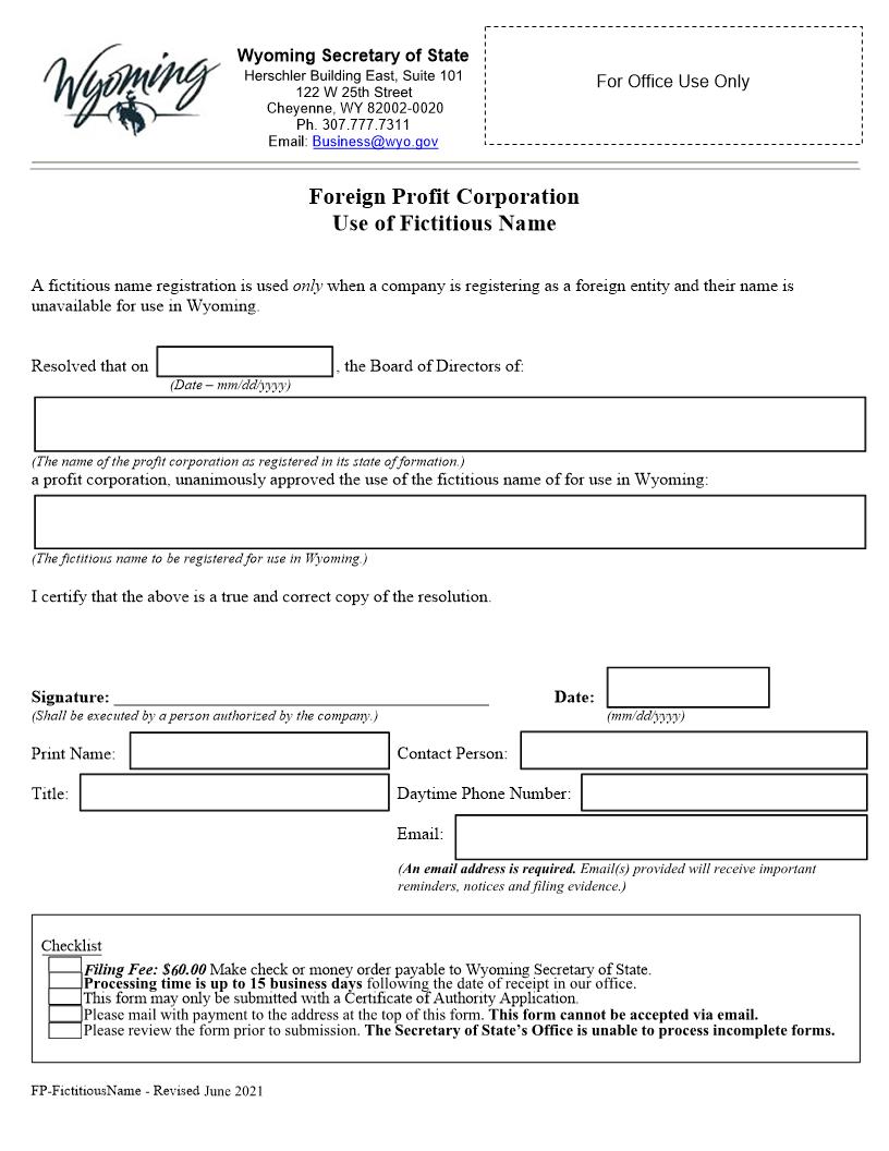 Use Of Fictitious Name | Pdf Fpdf Docx | Wyoming