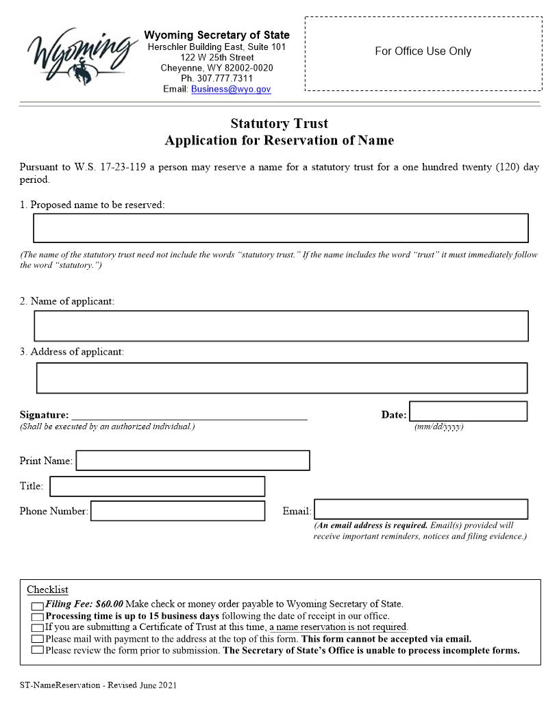 Application For Reservation Of Name (Statutory Trust) | Pdf Fpdf Docx | Wyoming