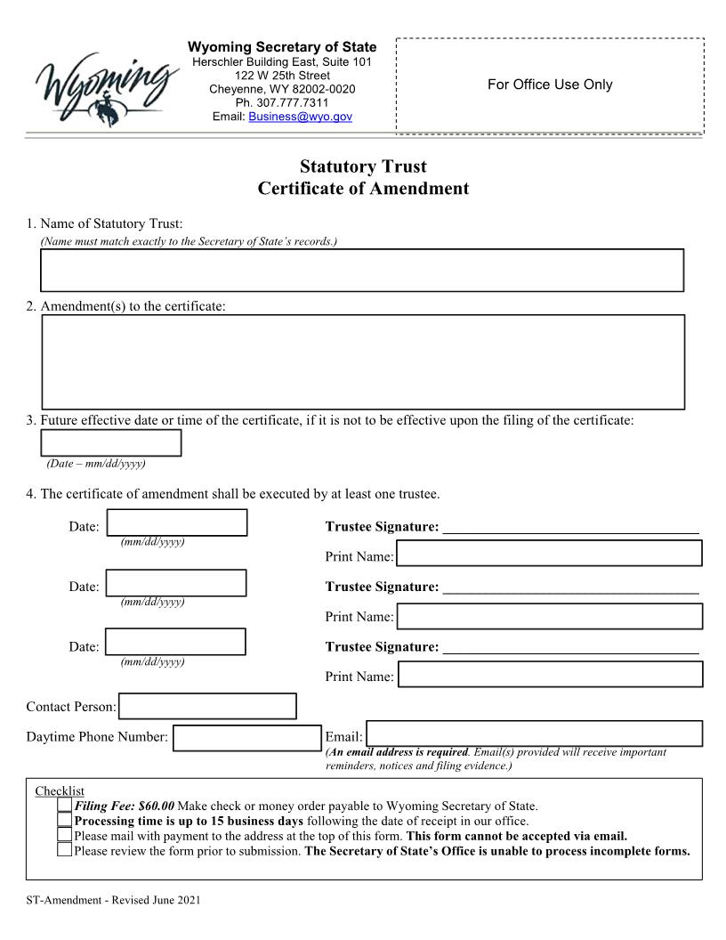 Certificate Of Amendment | Pdf Fpdf Docx | Wyoming