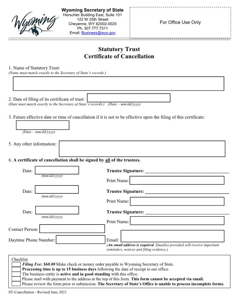 Certificate Of Cancellation | Pdf Fpdf Docx | Wyoming