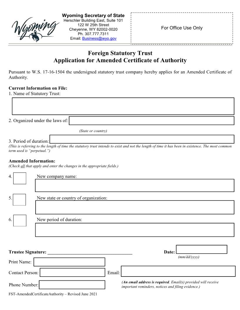 Application For Amended Certificate Of Authority | Pdf Fpdf Docx | Wyoming