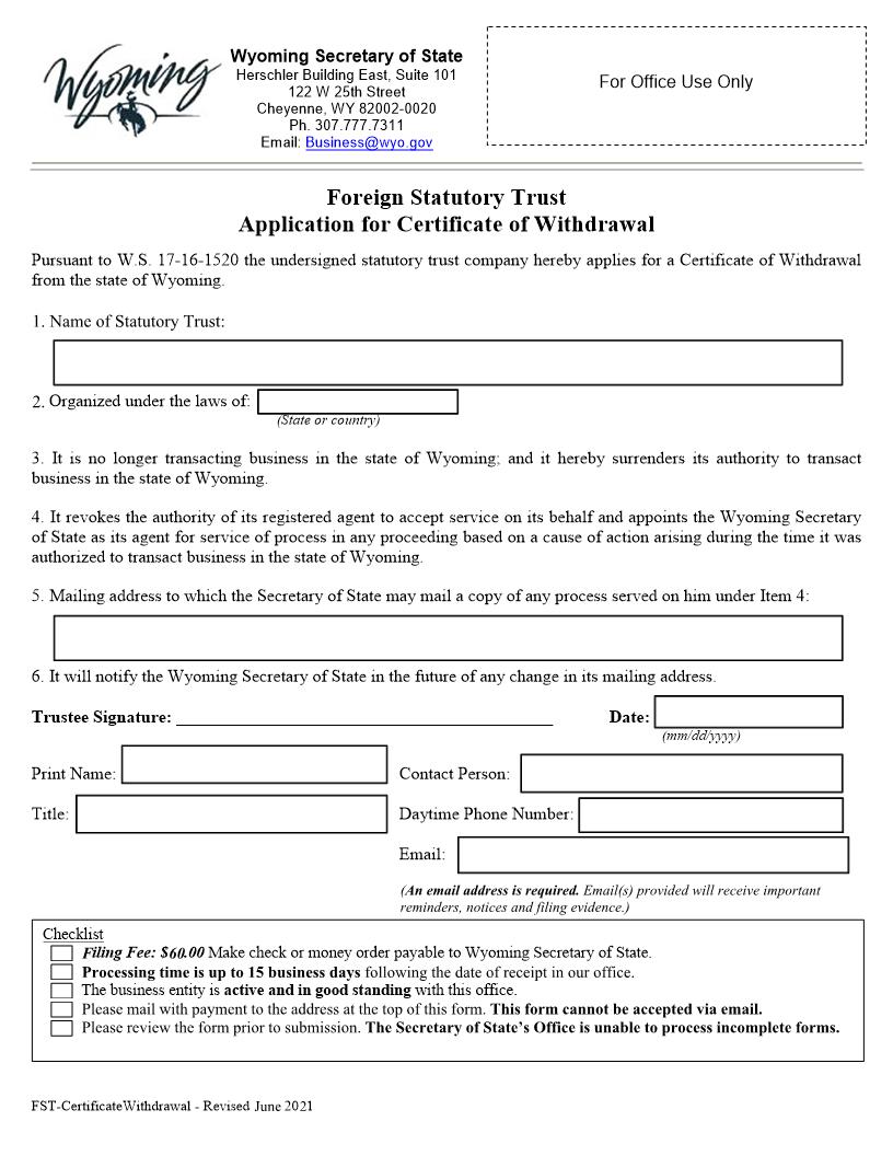Application For Certificate Of Withdrawal | Pdf Fpdf Docx | Wyoming