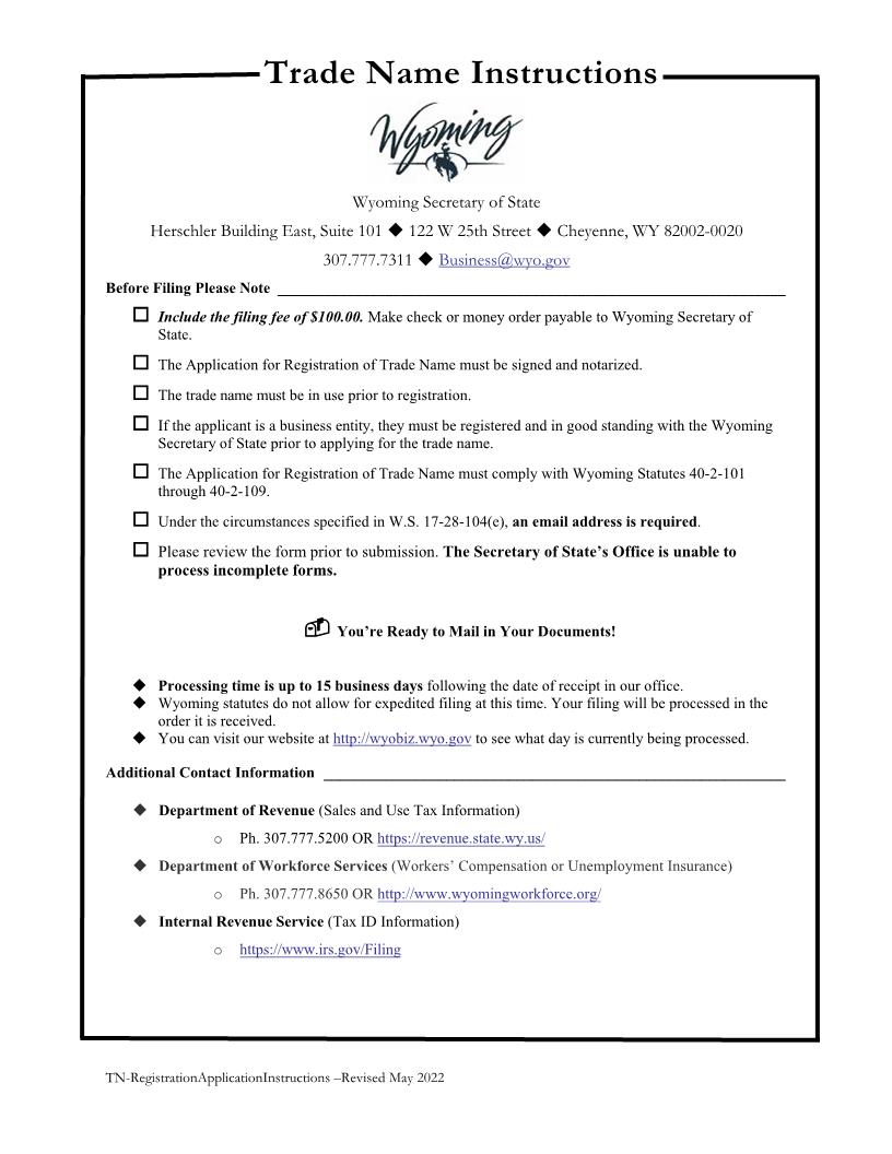 Application For Registration Of Trade Name | Pdf Fpdf Docx | Wyoming