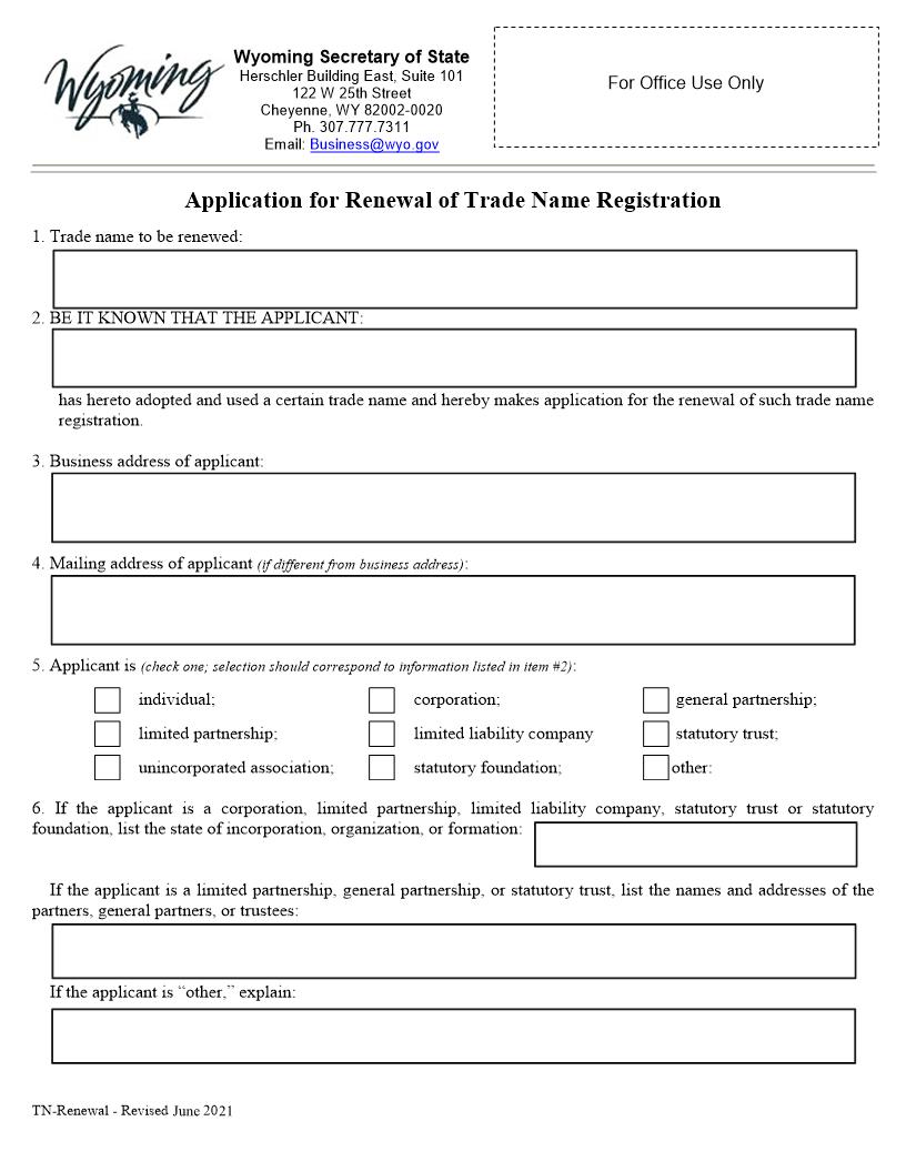 Application For Renewal Of Trade Name Registration | Pdf Fpdf Docx | Wyoming