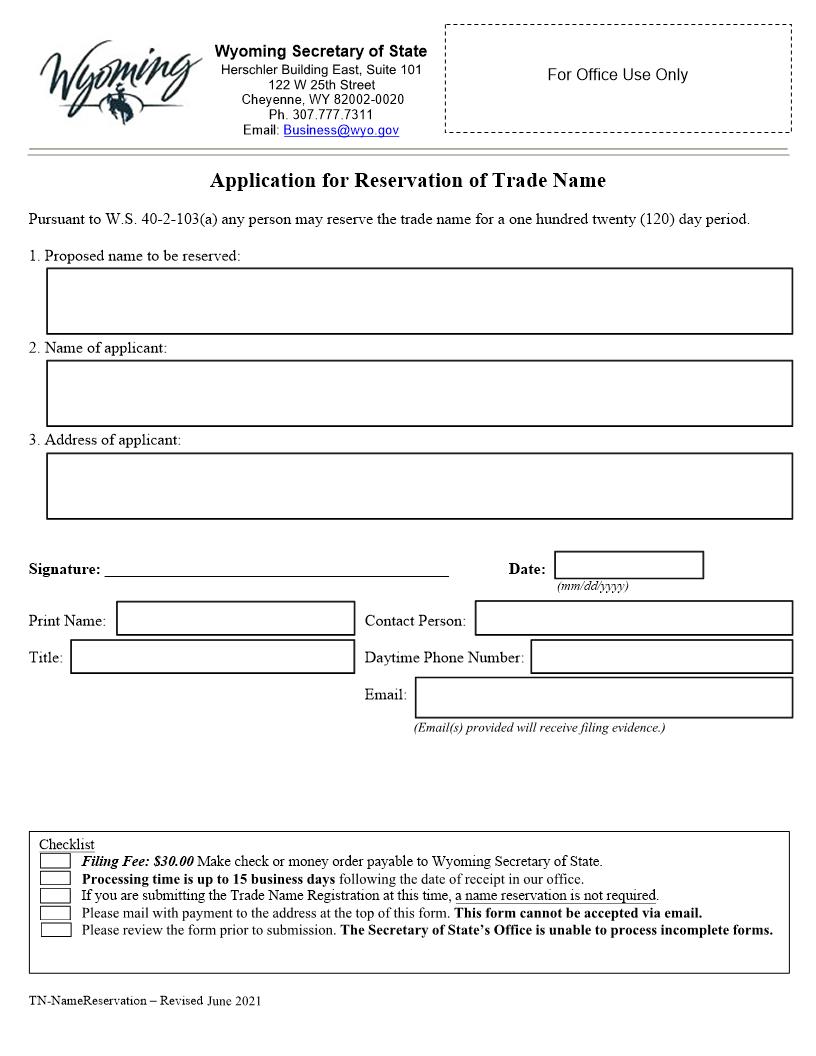 Application For Reservation Of Trade Name | Pdf Fpdf Docx | Wyoming