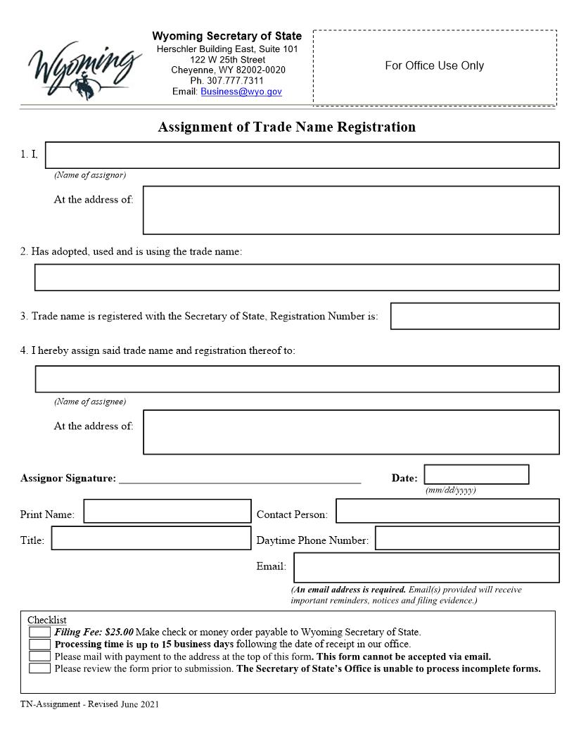 Assignment Of Trade Name Registration | Pdf Fpdf Docx | Wyoming