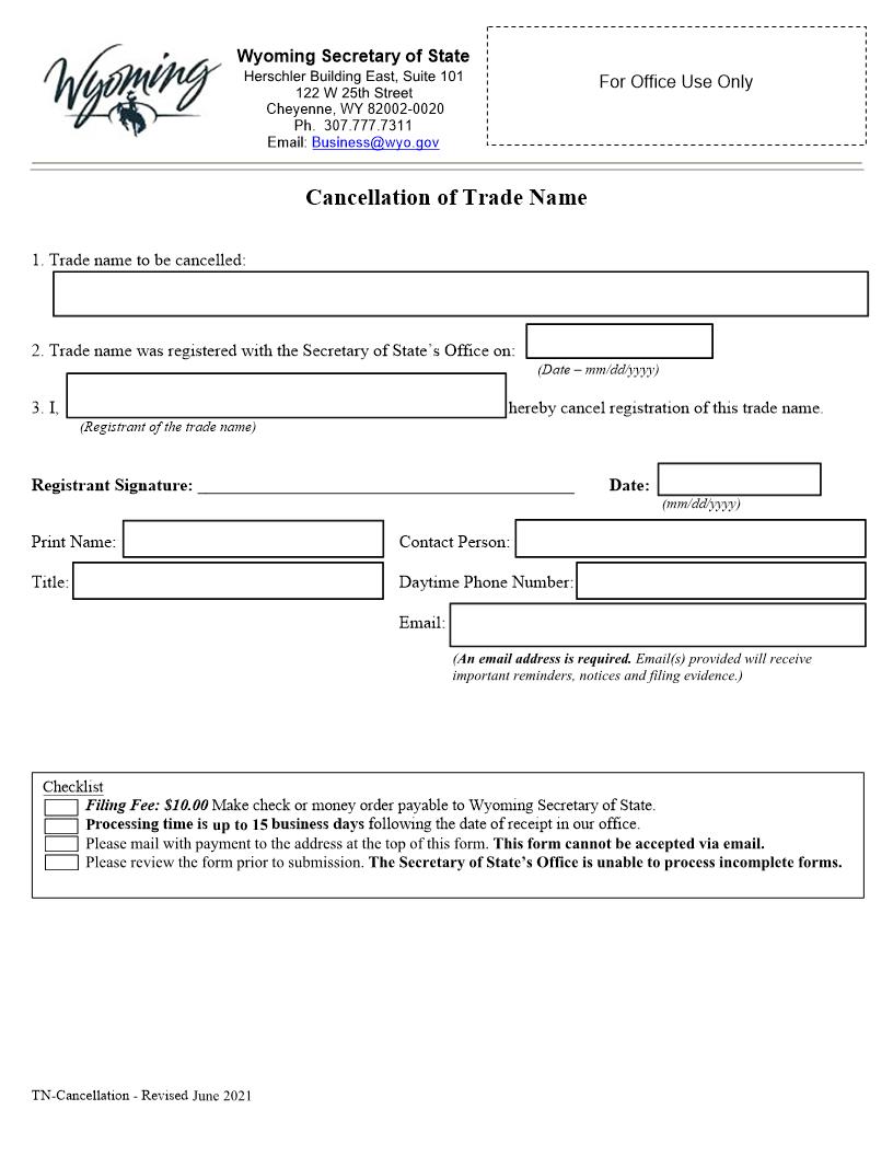 Cancellation Of Trade Name | Pdf Fpdf Docx | Wyoming