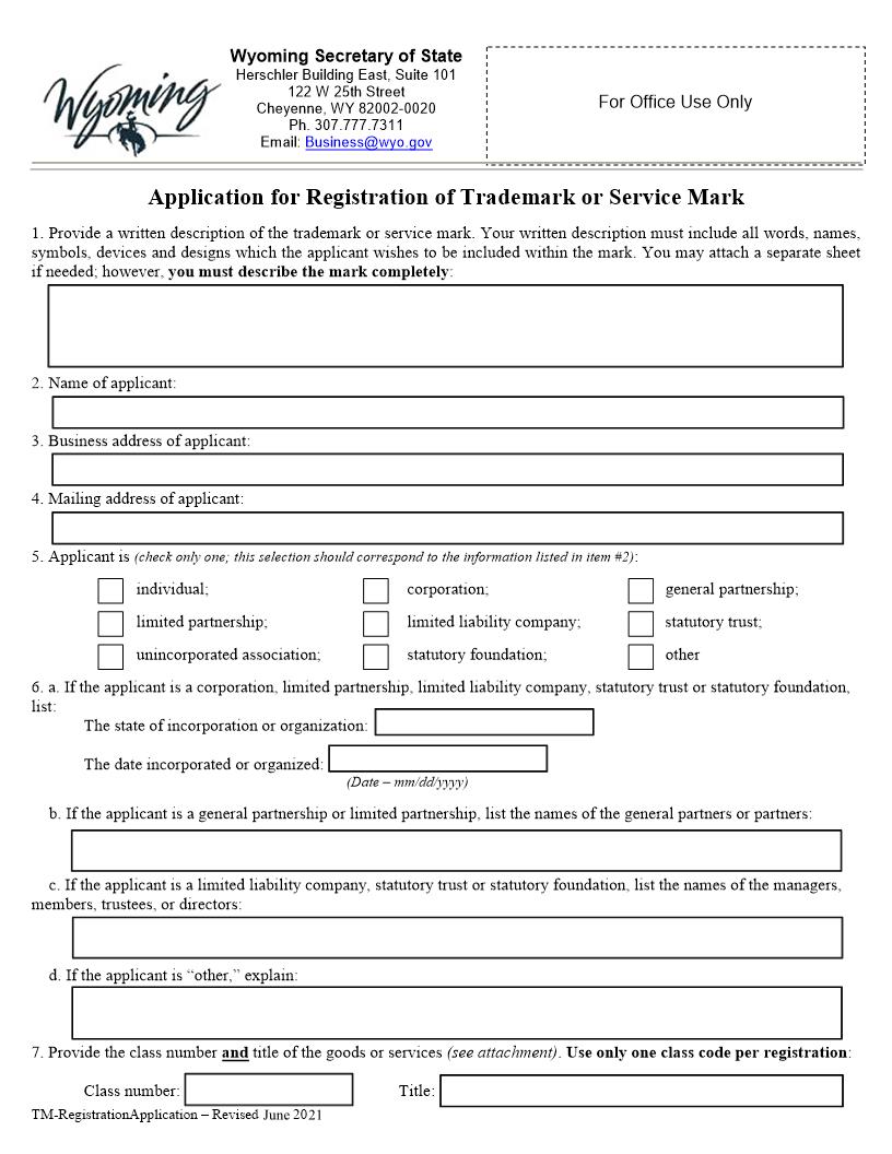 Application For Registration Of Trademark Or Service Mark | Pdf Fpdf Docx | Wyoming