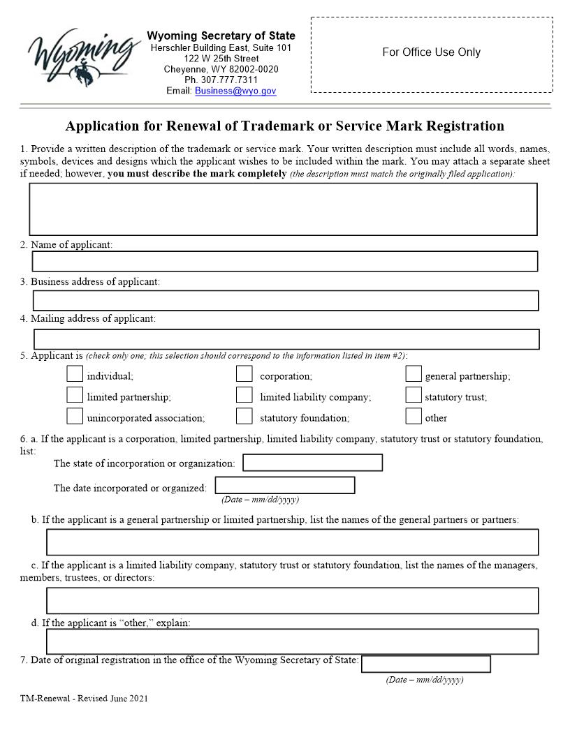 Application For Renewal Of Trademark Or Service Mark Registration | Pdf Fpdf Docx | Wyoming