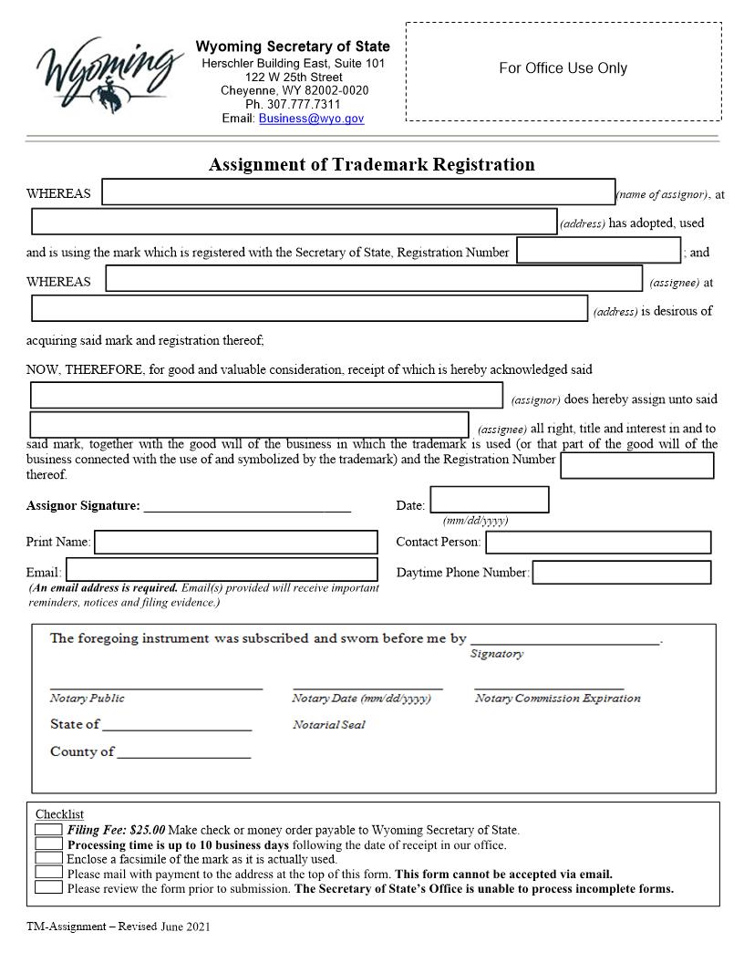 Assignment Of Trademark Registration | Pdf Fpdf Docx | Wyoming