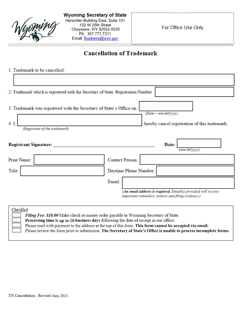 Cancellation Of Trademark | Pdf Fpdf Docx | Wyoming