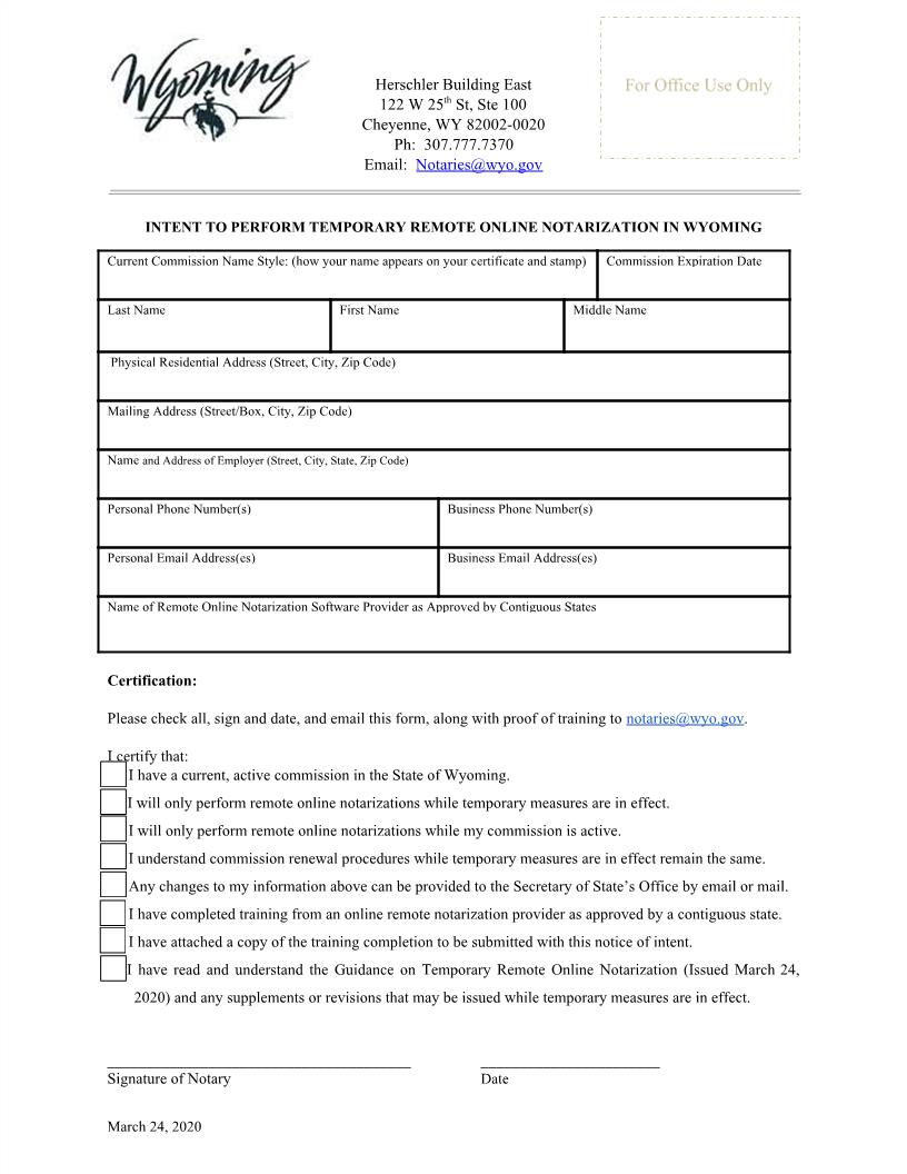 Intent To Perform Temporary Remote Online Notarization  | Pdf Fpdf Docx | Wyoming