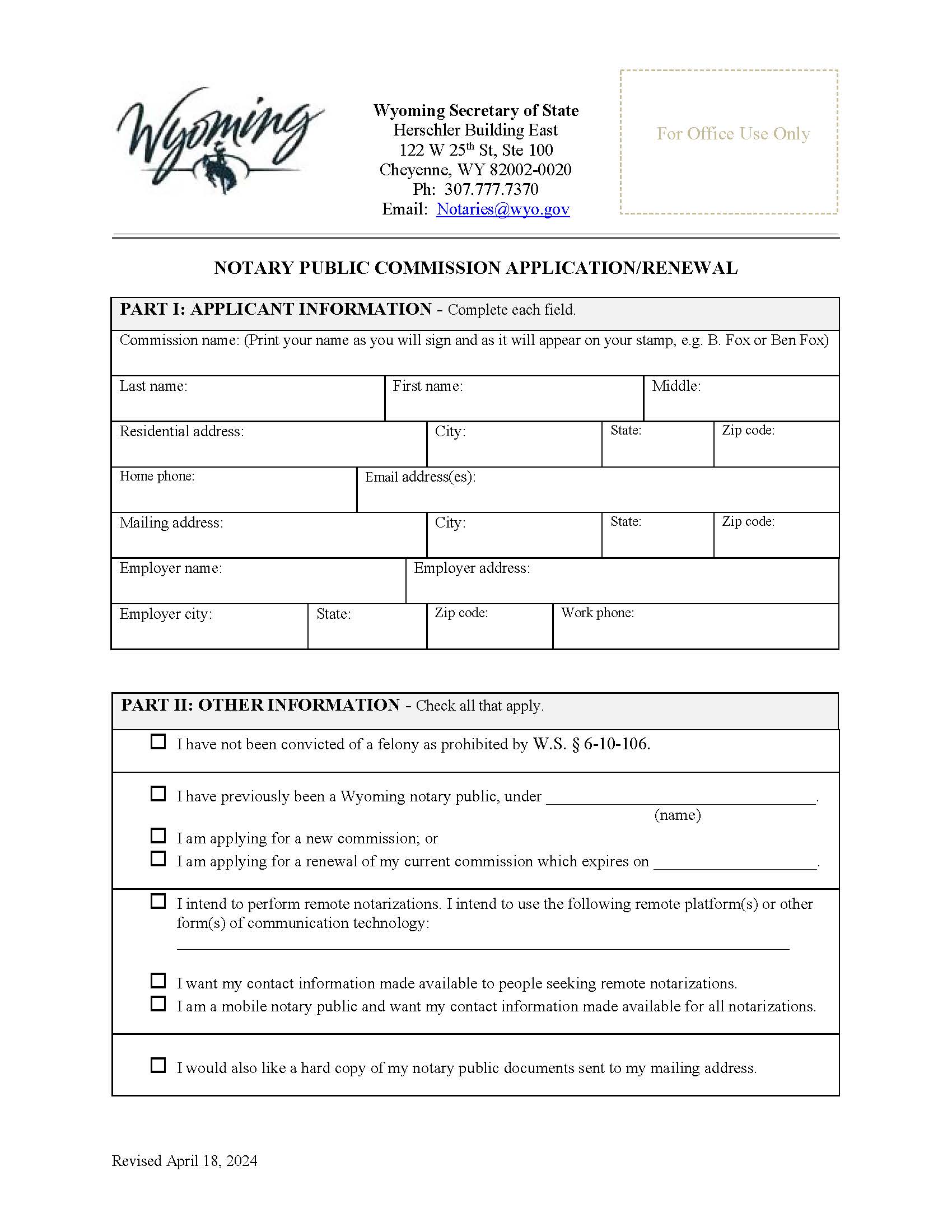 Notary Public Commission Application | Pdf Fpdf Doc Docx | Wyoming