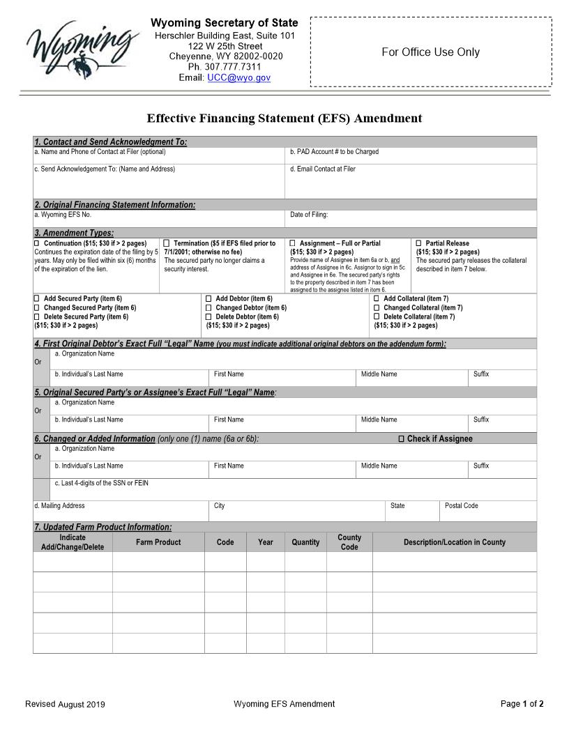 Effective Financing Statement Amendment | Pdf Fpdf Docx | Wyoming