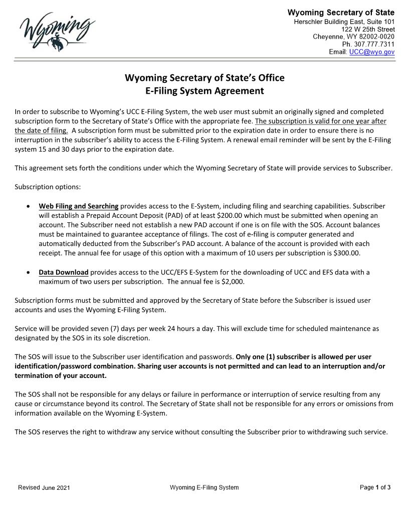 UCC EFS Efiling Subscription | Pdf Fpdf Docx | Wyoming
