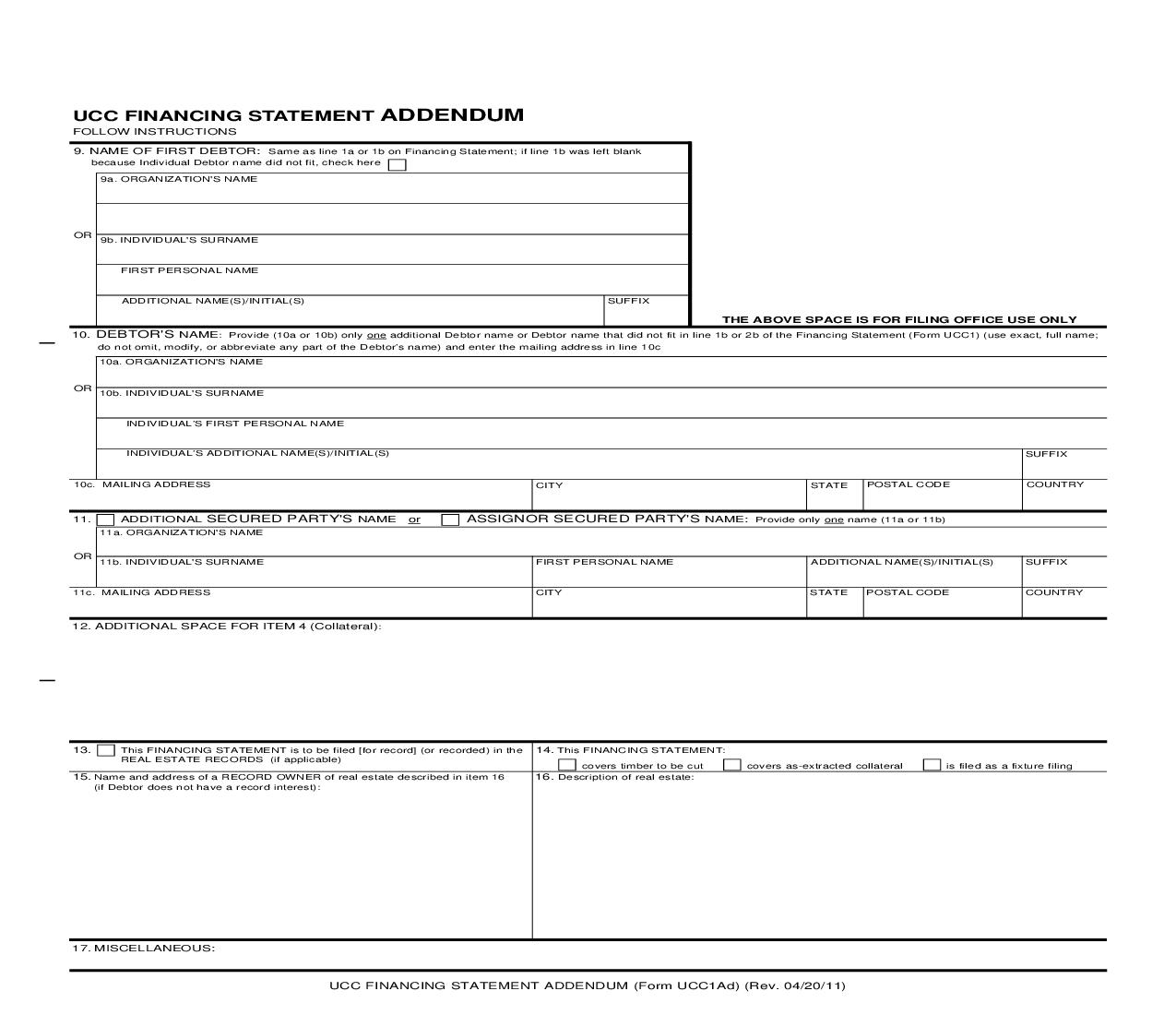 UCC Financing Statement Addendum {UCC1Ad} | Pdf Fpdf Doc Docx | Wyoming