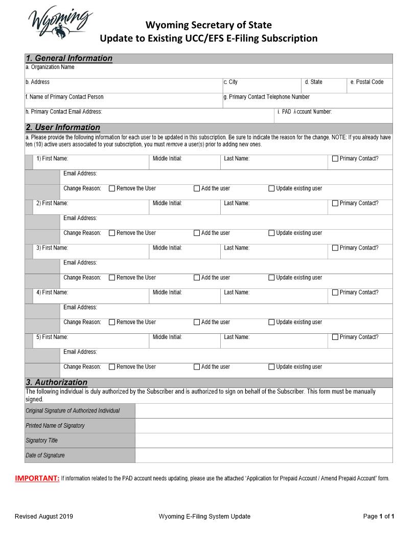 Update To Existing UCC Subscription | Pdf Fpdf Docx | Wyoming
