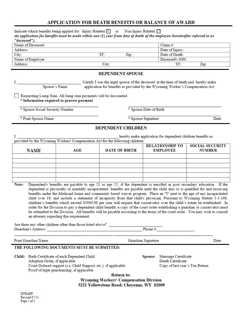 Application For Death Benefits Or Balance Of Award | Pdf Fpdf Docx | Wyoming