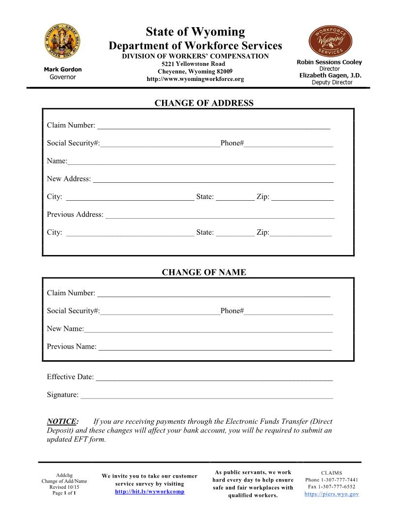 Change Of Address And Or Name | Pdf Fpdf Docx | Wyoming