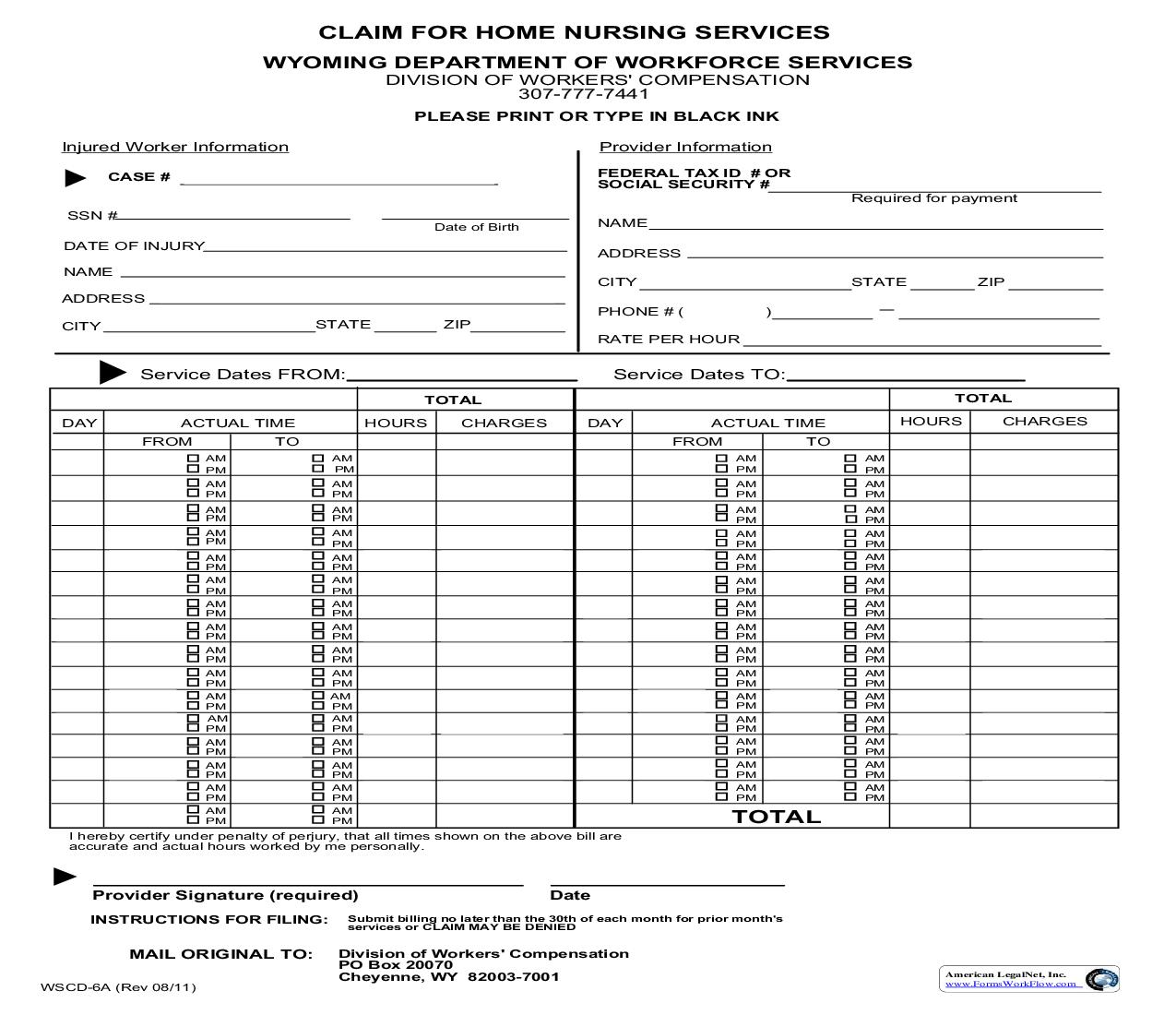 Claim For Home Nursing Services {WSCD-6A} | Pdf Fpdf Doc Docx | Wyoming