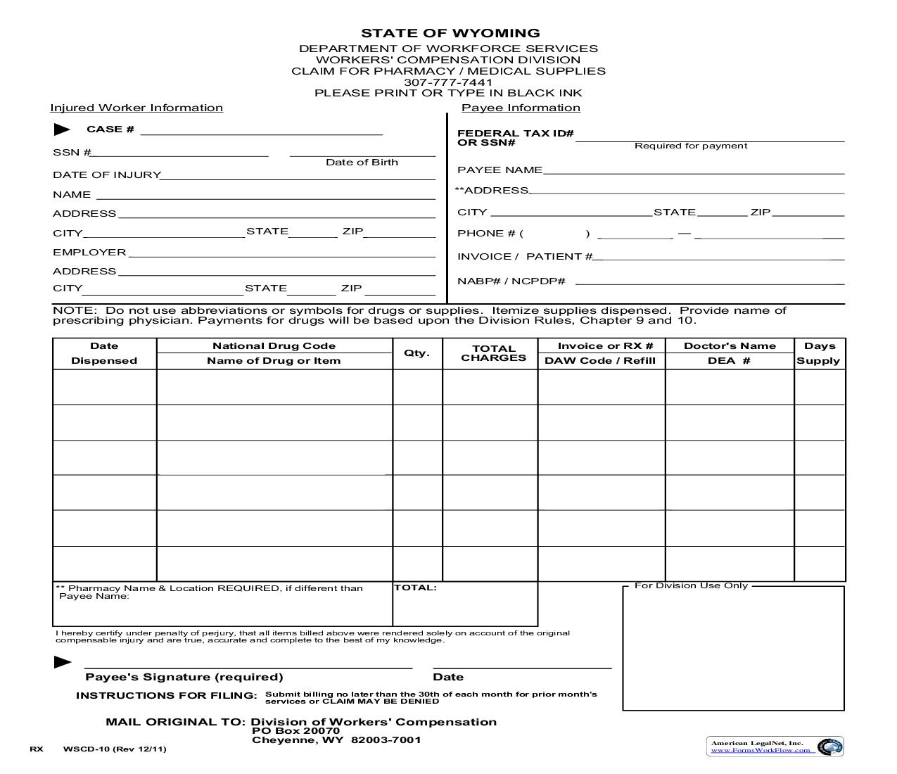 Claim For Pharmacy And Medical Supplies {WSCD-10} | Pdf Fpdf Doc Docx | Wyoming
