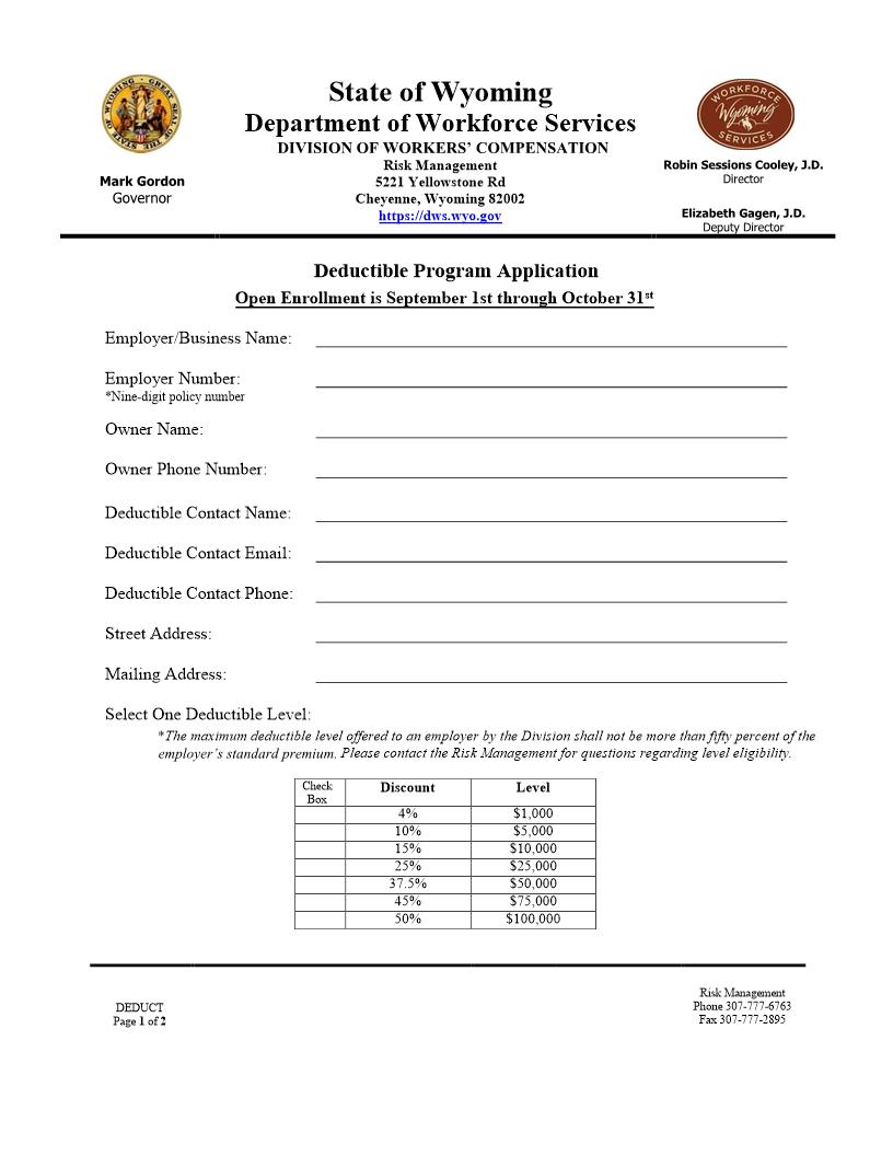 Deductible Program Application | Pdf Fpdf Docx | Wyoming