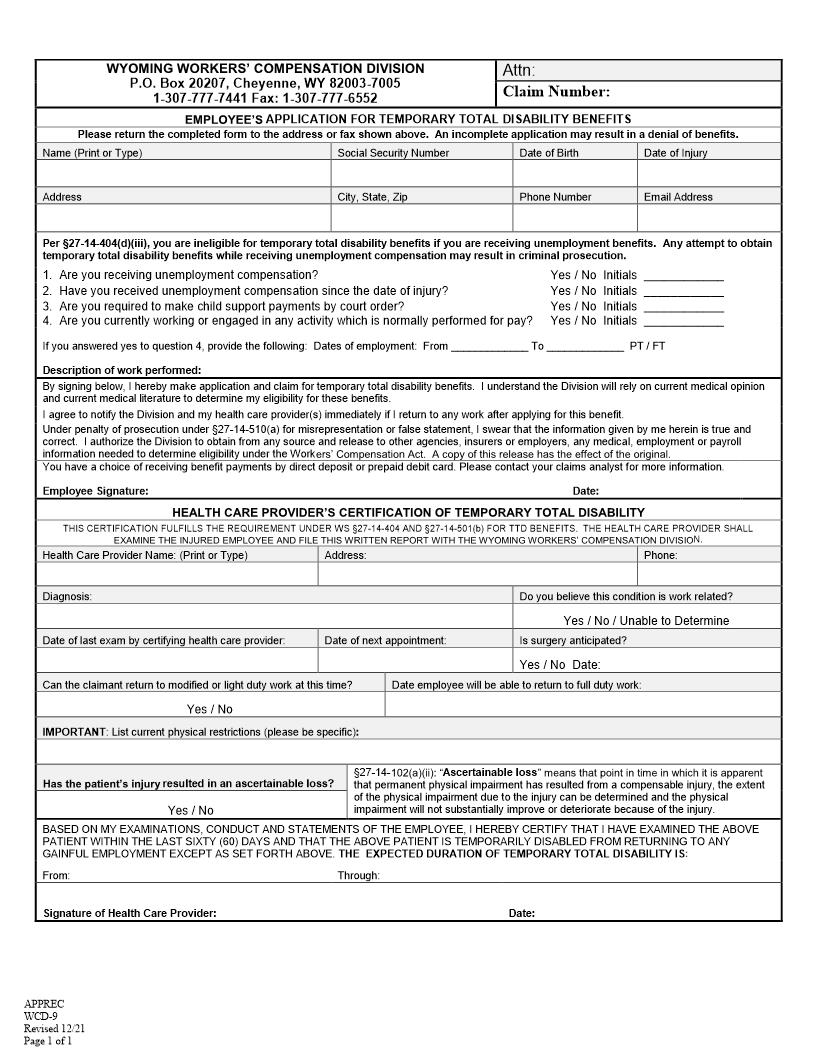 Employees Application For Temporary Total Disability Benefits {WCD-9} | Pdf Fpdf Docx | Wyoming