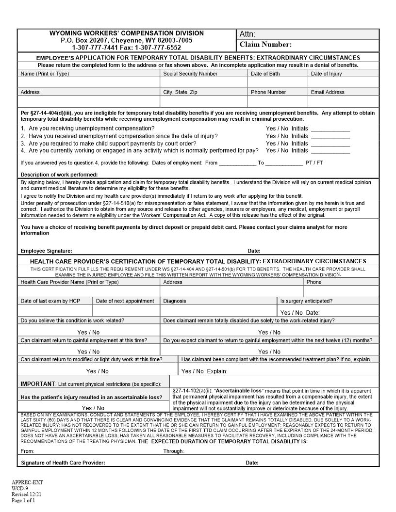 Employees Application For Temporary Total Disability Benefits Extraordinary Circumstances {WCD-9} | Pdf Fpdf Docx | Wyoming
