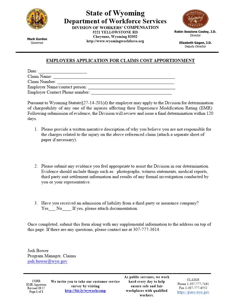 Employers Application For Claims Cost Apportionment | Pdf Fpdf Docx | Wyoming