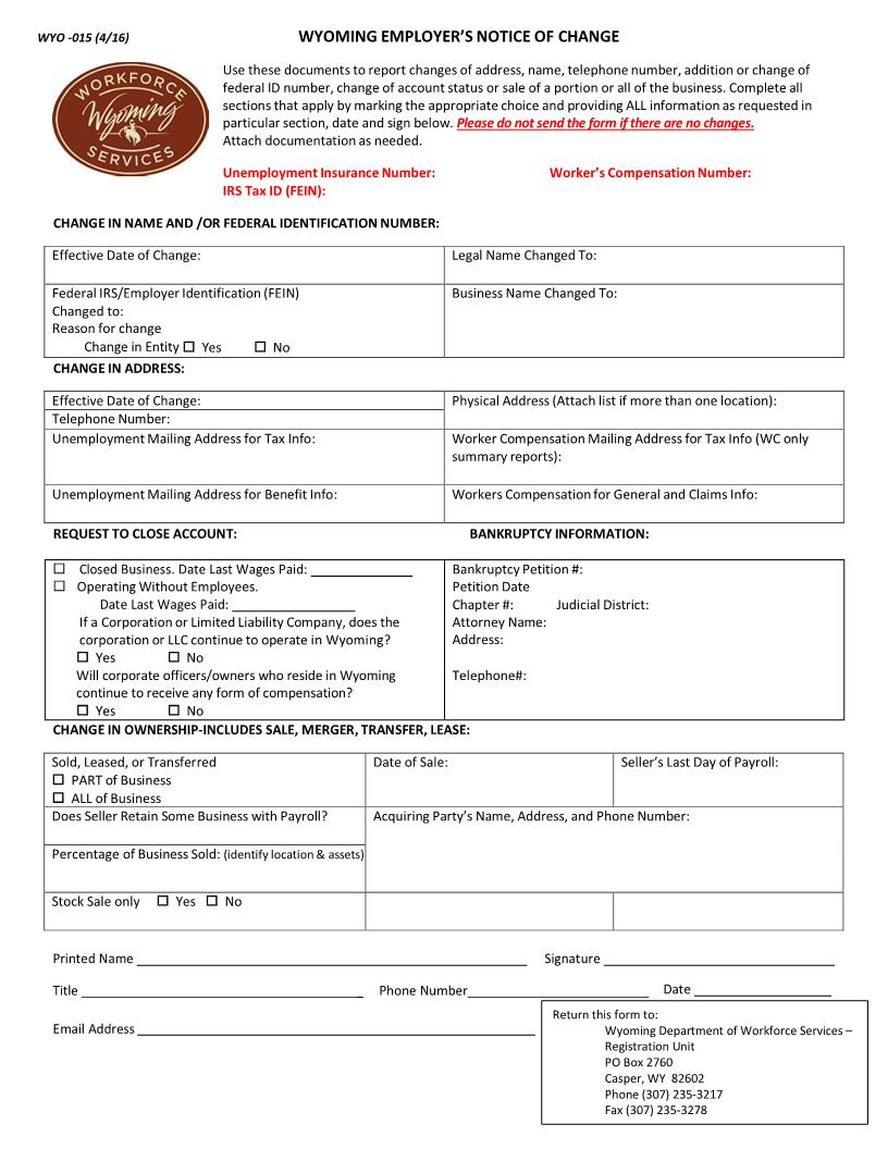 Employers Notice Of Change | Pdf Fpdf Docx | Wyoming