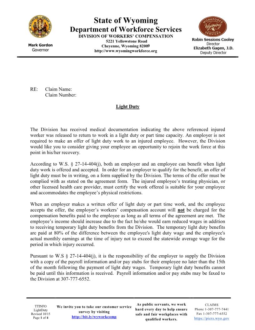 Light Duty Agreement | Pdf Fpdf Docx | Wyoming